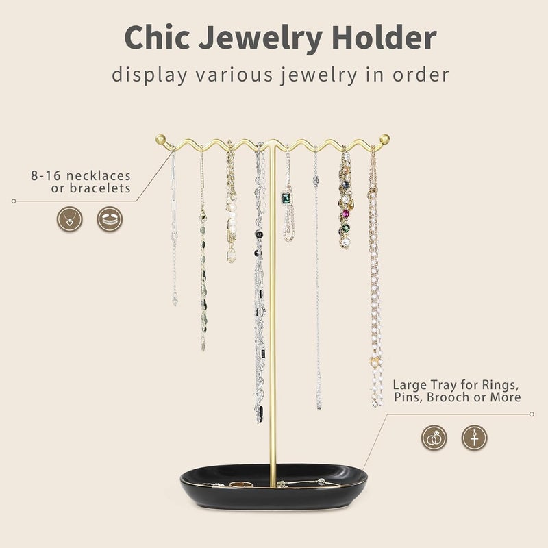 Saydear Elegant Jewelry Holder Tree Stand with Ceramic Tray - Metal Necklace Holder Organizer for Rings Bracelets Earrings - Tangle Free, Rustproof Decorative Display for Vanity Dresser Deluxe Black - Image 5